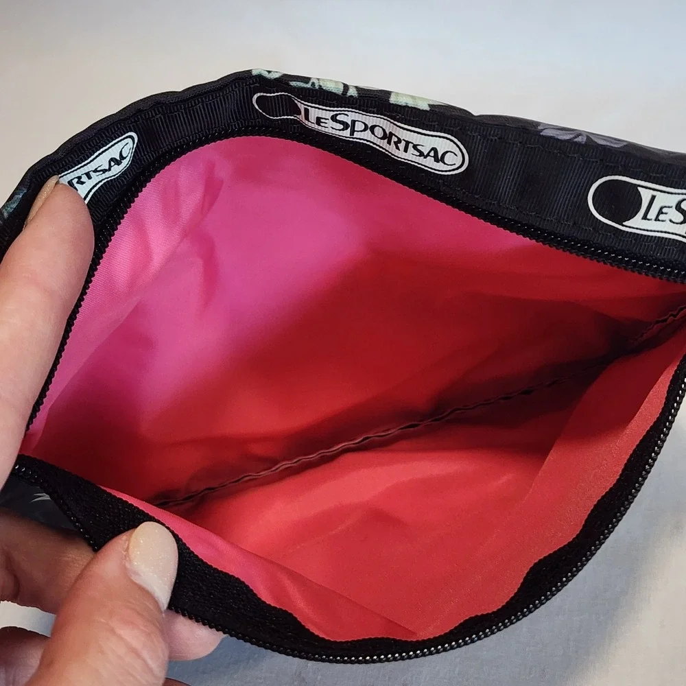 LeSportsac Botanical Floral Print Cosmetic Pouch Black Pink Lining Ripstop Bag